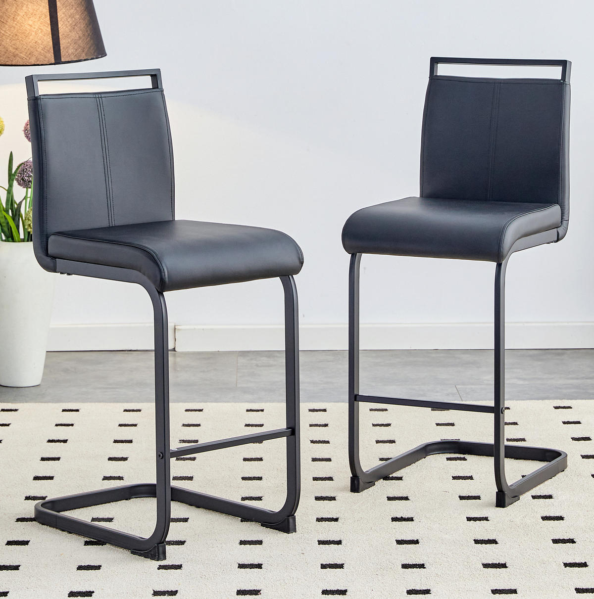 BARHOCKER 2er-Set mit Fußstütze Höhe 96,5 cm PU-Leder Schwarz - Schwarz, Metall (46.5/96.5/39cm) - Meubliv