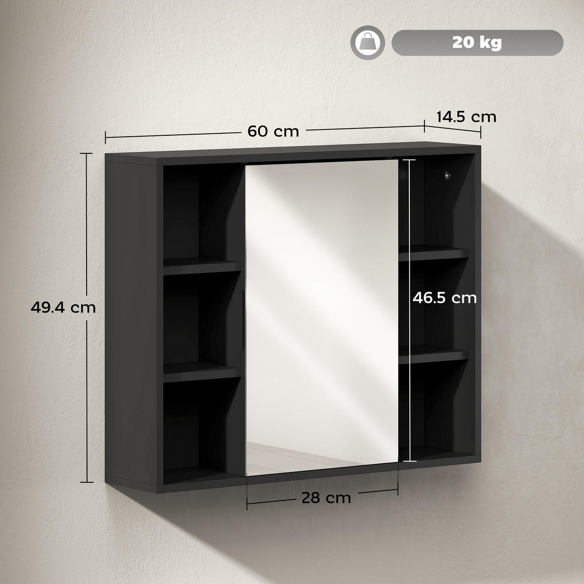SPIEGELSCHRANK Schwarz 60/14,5/49,4 cm - Schwarz, Holzwerkstoff (60/49.4/14.5cm) - PANGIVO