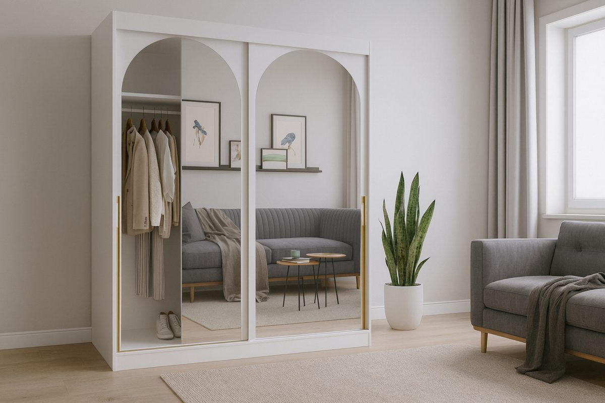 SCHIEBETÜRENSCHRANK MOSSA 180 / 215 / 65 cm in Weiß / Gold - Goldfarben/Weiß, Holzwerkstoff (180/215/65cm) - Deine Möbel 24