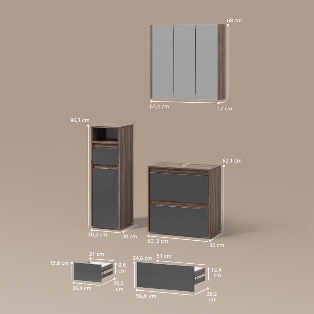 Thumbnail - Livinity® Badmöbel-Set, Anthrazit, Walnuss, Holzwerkstoff, 12 Fächer, 3 Schubladen, 60x62x30 cm, Badezimmer, Badmöbelset...