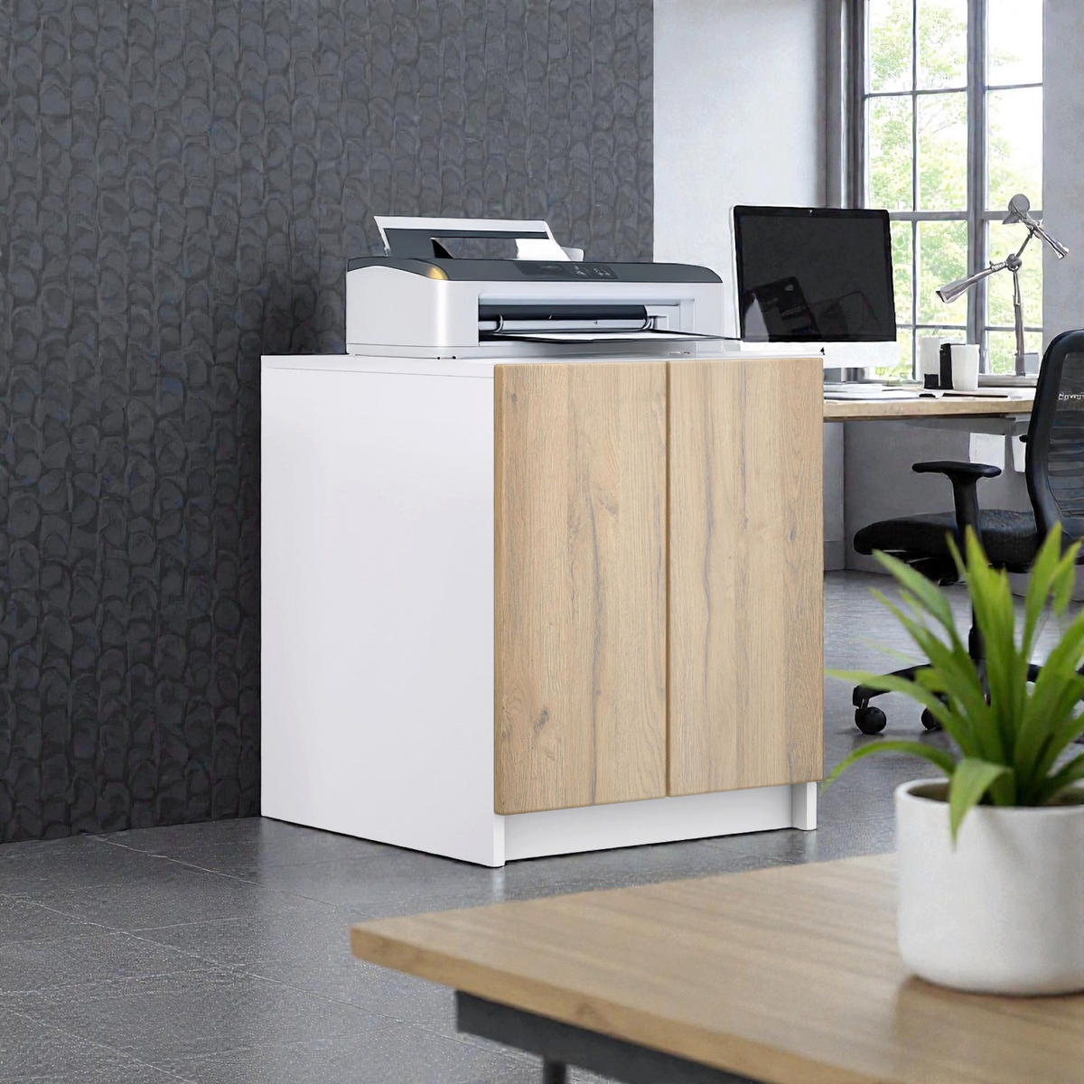 DRUCKERSCHRANK Elona, Druckerkommode mit Soft-Close & Push-to-Open, Home Office & Büro, Weiß/Eiche Natur (51 x 60,5 x 54 cm) - Eiche Wotan, Holzwerkstoff (51/60.5/54cm) - InnoFurn