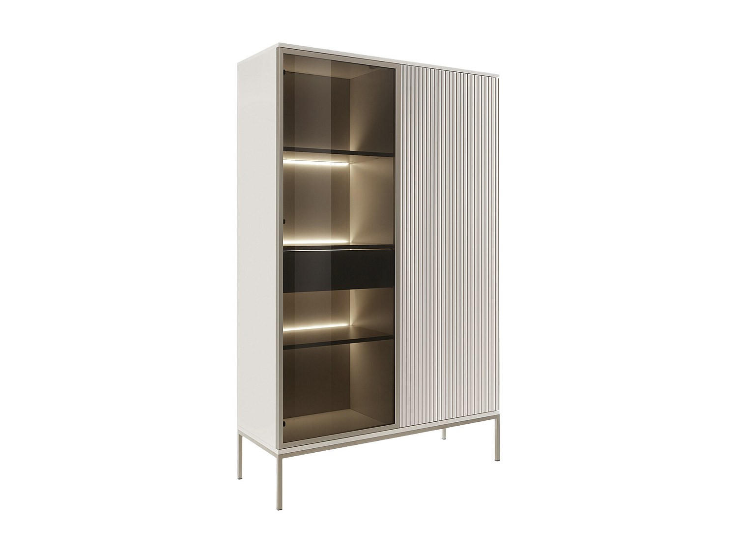 VITRINENSCHRANK - 2 Türen & 1 Schublade - mit LED-Beleuchtung - MDF & Rauchglas - Beige & Schwarz - OVILA - Beige, Glas (103.5/165.5/39cm) - Vente-Unique