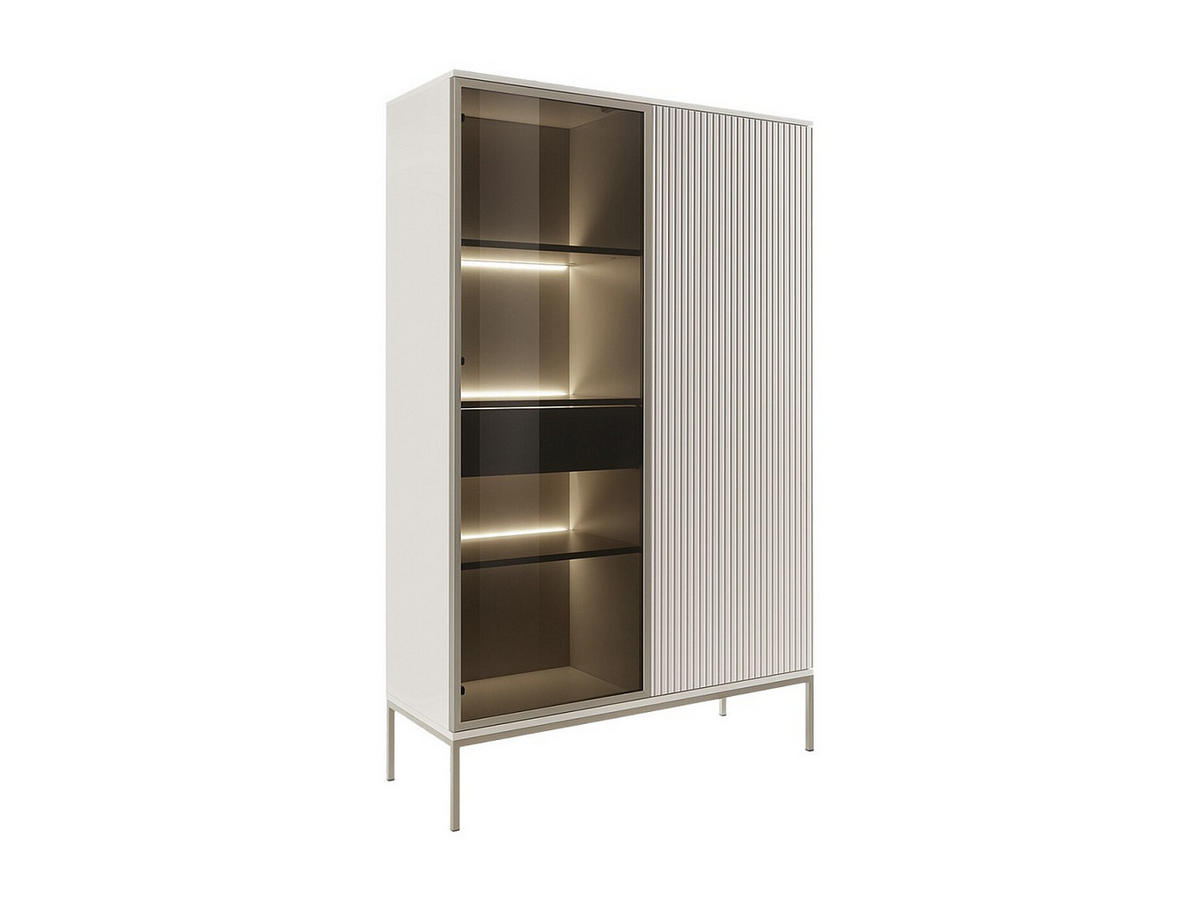 VITRINENSCHRANK - 2 Türen & 1 Schublade - mit LED-Beleuchtung - MDF & Rauchglas - Beige & Schwarz - OVILA - Beige, Glas (103.5/165.5/39cm) - Vente-Unique
