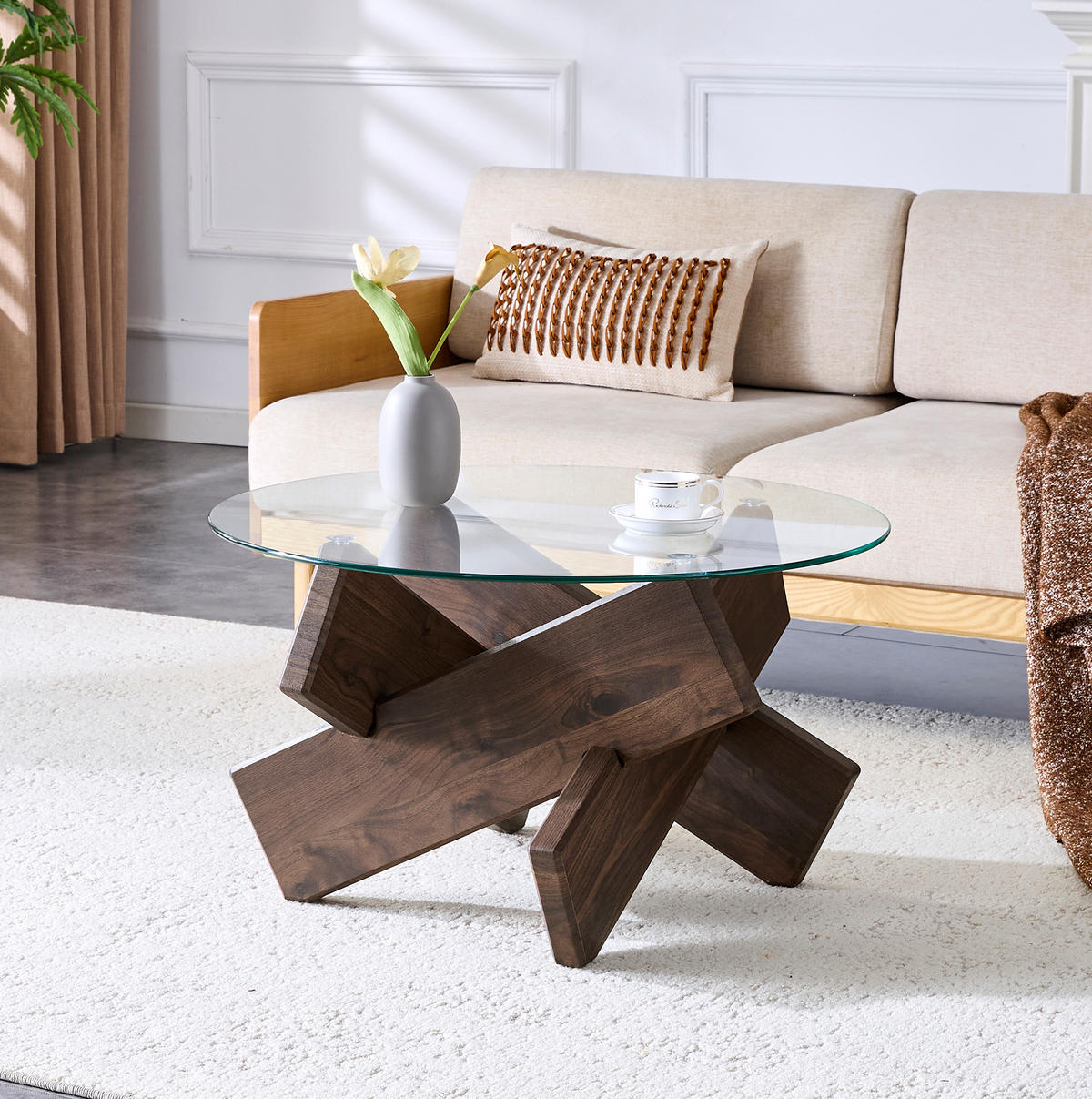 COUCHTISCH aus MDF und Glas 79x79x45 cm Transparent/Walnuss mit kreuzförmigem Gestell und pflegeleichter Oberfläche - Klar, Holzwerkstoff (79/79/45cm) - Modfu