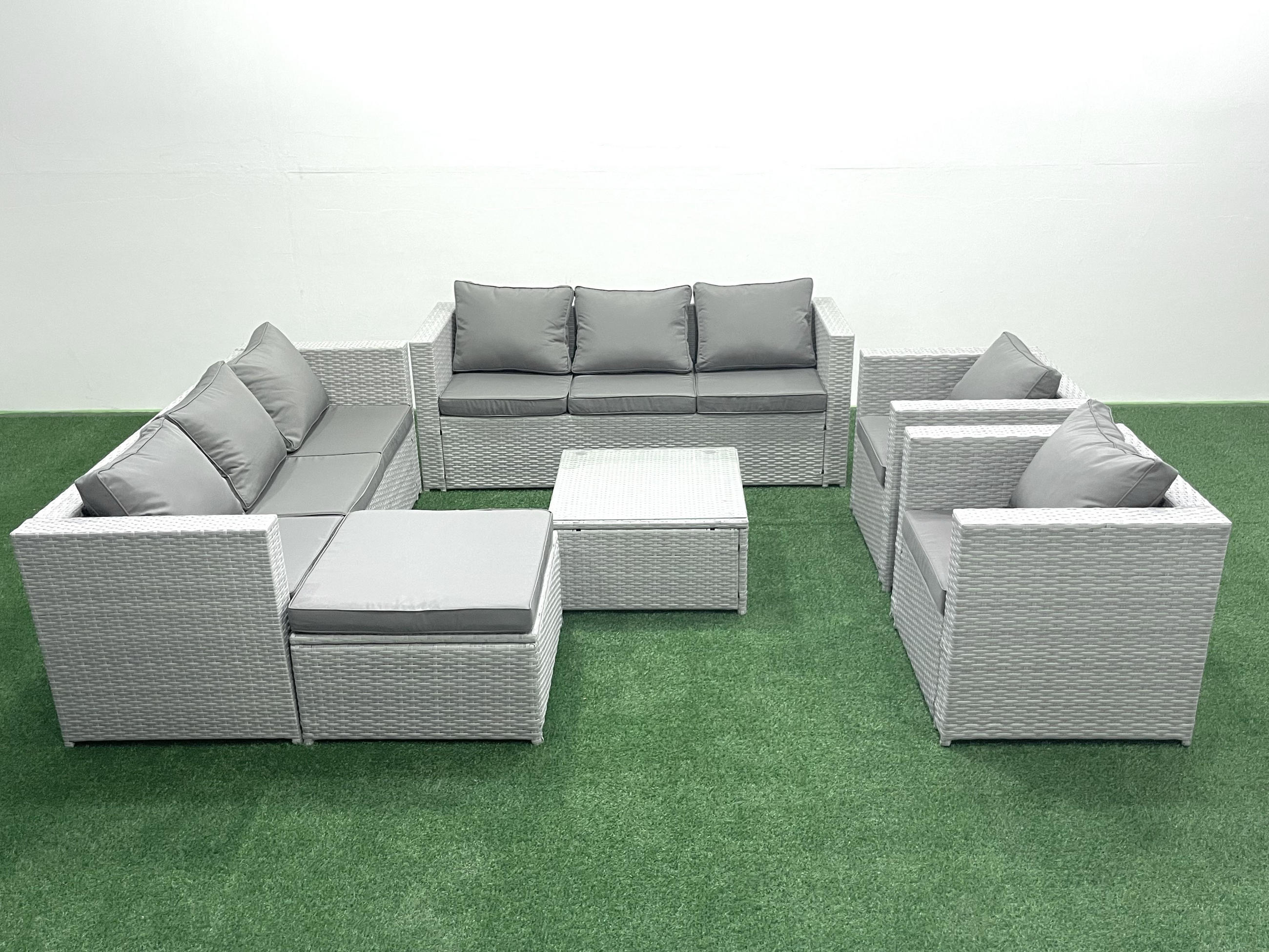 GARTENMÖBEL-SET mit Kissen Polyrattan Hellgrau-Mix 9-Sitzer - Hellgrau/Grau, Glas/Kunststoff - Fimous