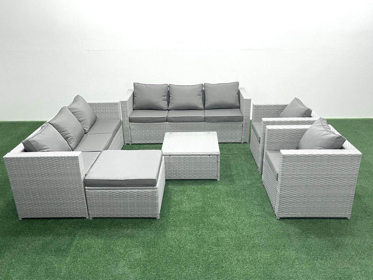 GARTENMÖBEL-SET mit Kissen Polyrattan Hellgrau-Mix 9-Sitzer - Hellgrau/Grau, Glas/Kunststoff - Fimous