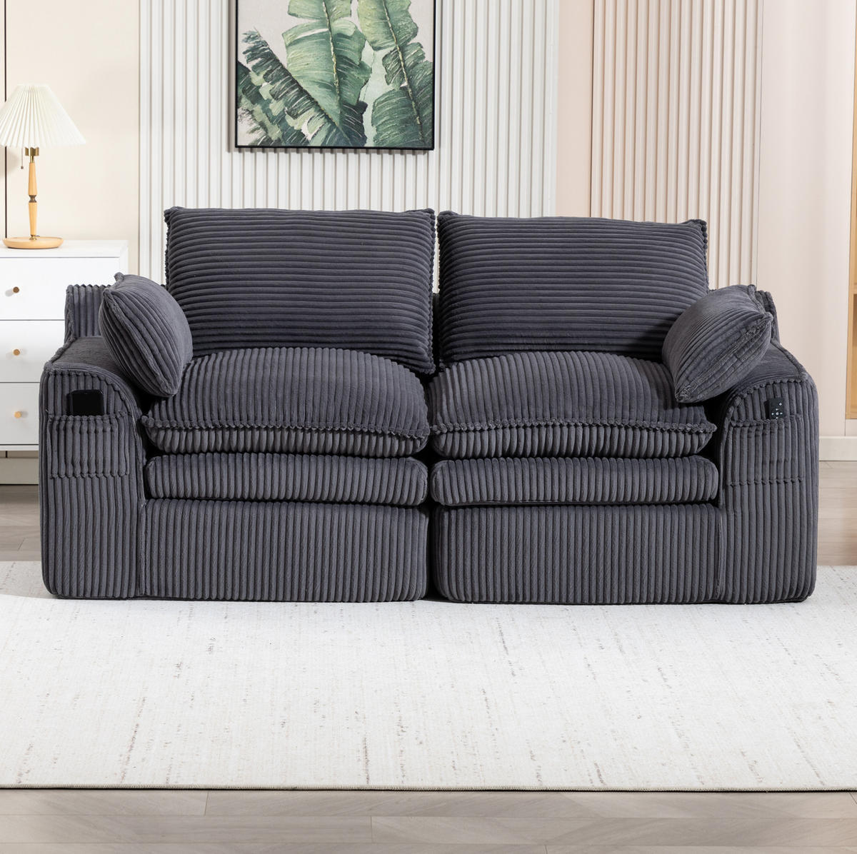 2-SITZER-SOFA 191/94/85 cm dunkelgrau aus Cord mit Seitentaschen und Federkern - Dunkelgrau, Textil (94/85/191cm) - Modenvie