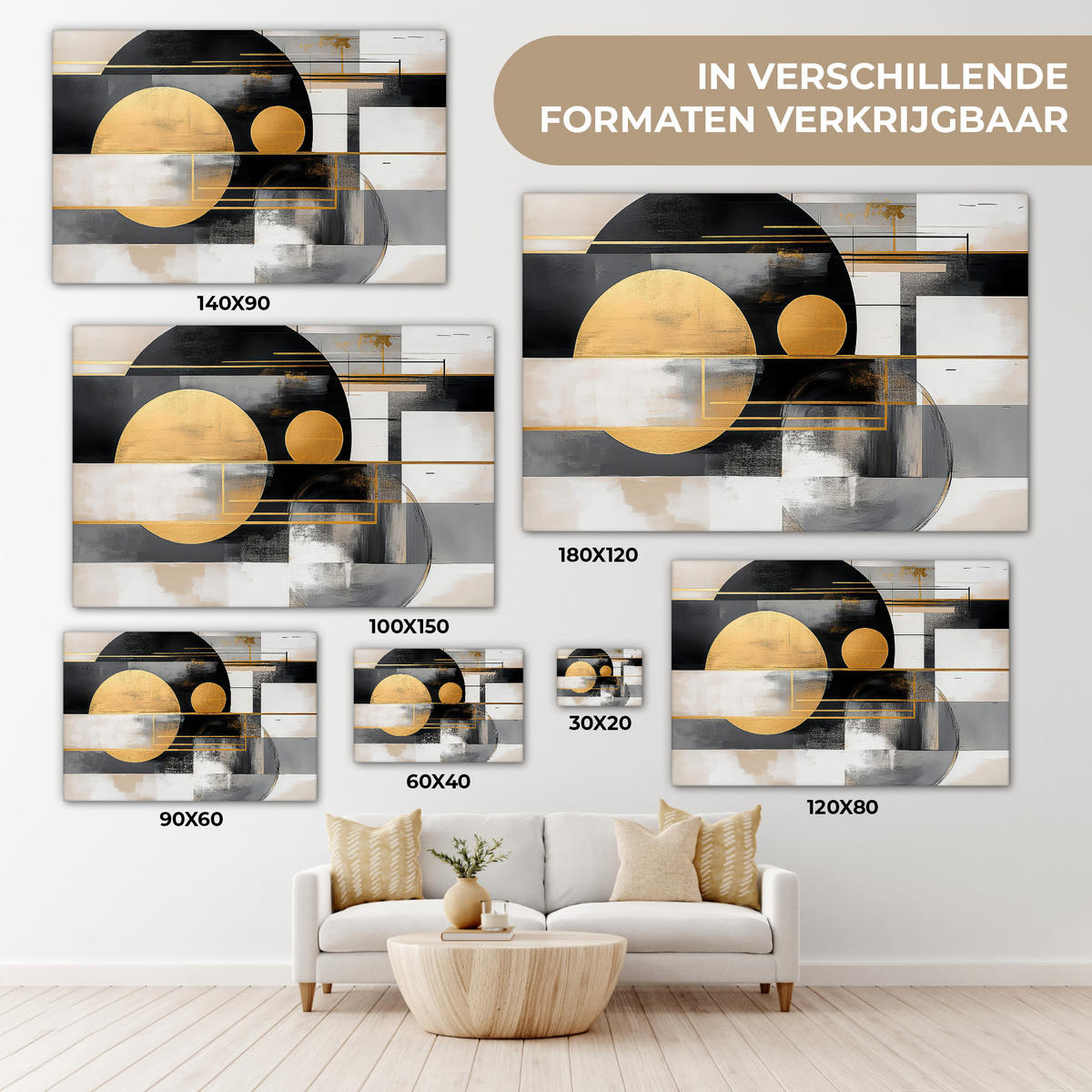 LEINWANDBILD Abstrakt - Gold - Silber - Formen - Ästhetisch - Modern Wohnzimmer Groß 120x80 cm - Goldfarben, Textil (120/80cm) - MuchoWow