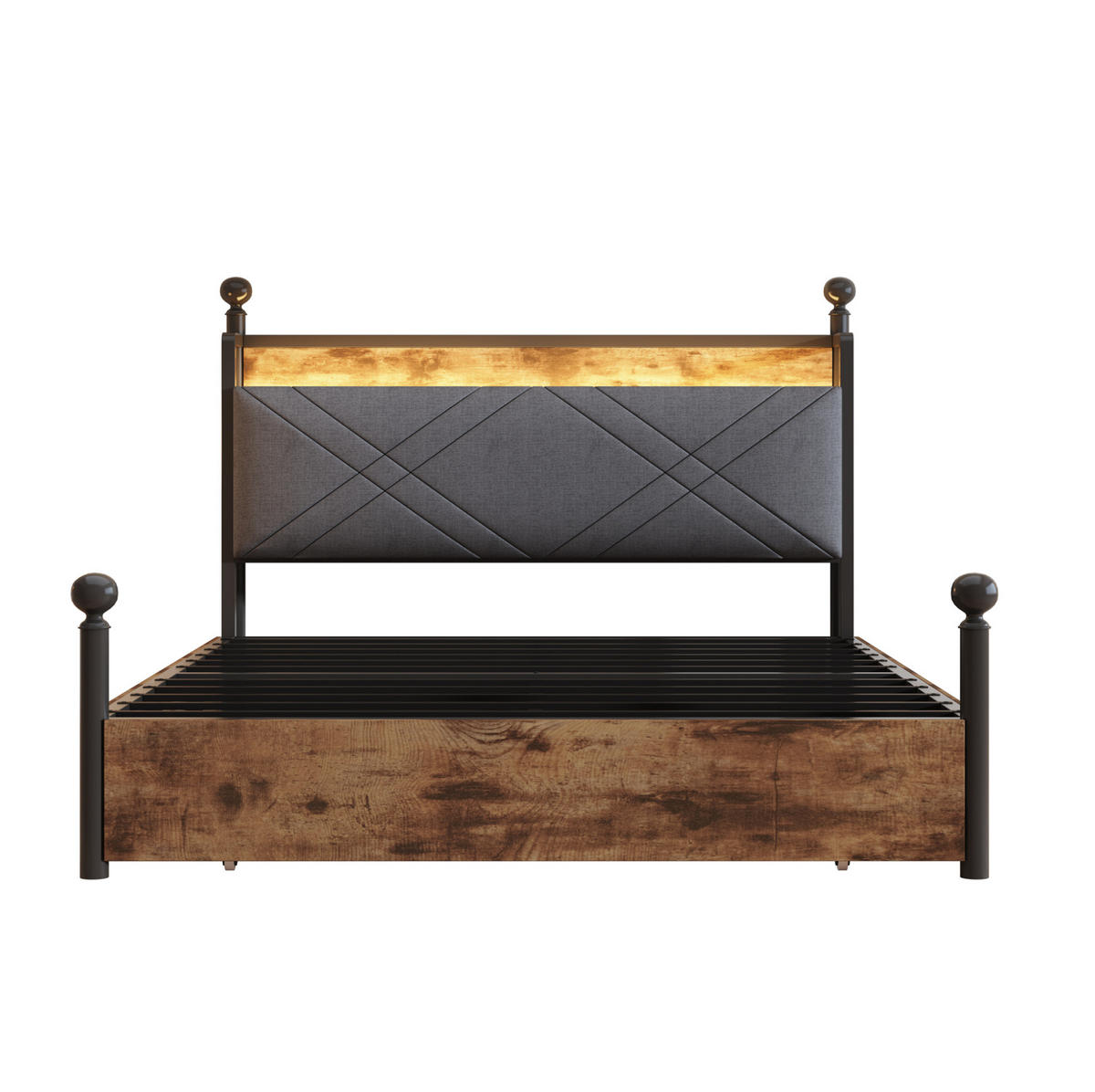 METALLBETT aus Metall 140x190 cm Schwarz mit LED-Beleuchtung, USB/Type-C und Stauraum - Schwarz, Metall (140/190cm) - Modfu