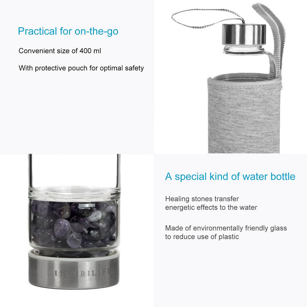 WASSERFLASCHE mit Heilsteinen und Tasche 400ml - Lila, Glas (0.4L) - Intirilife