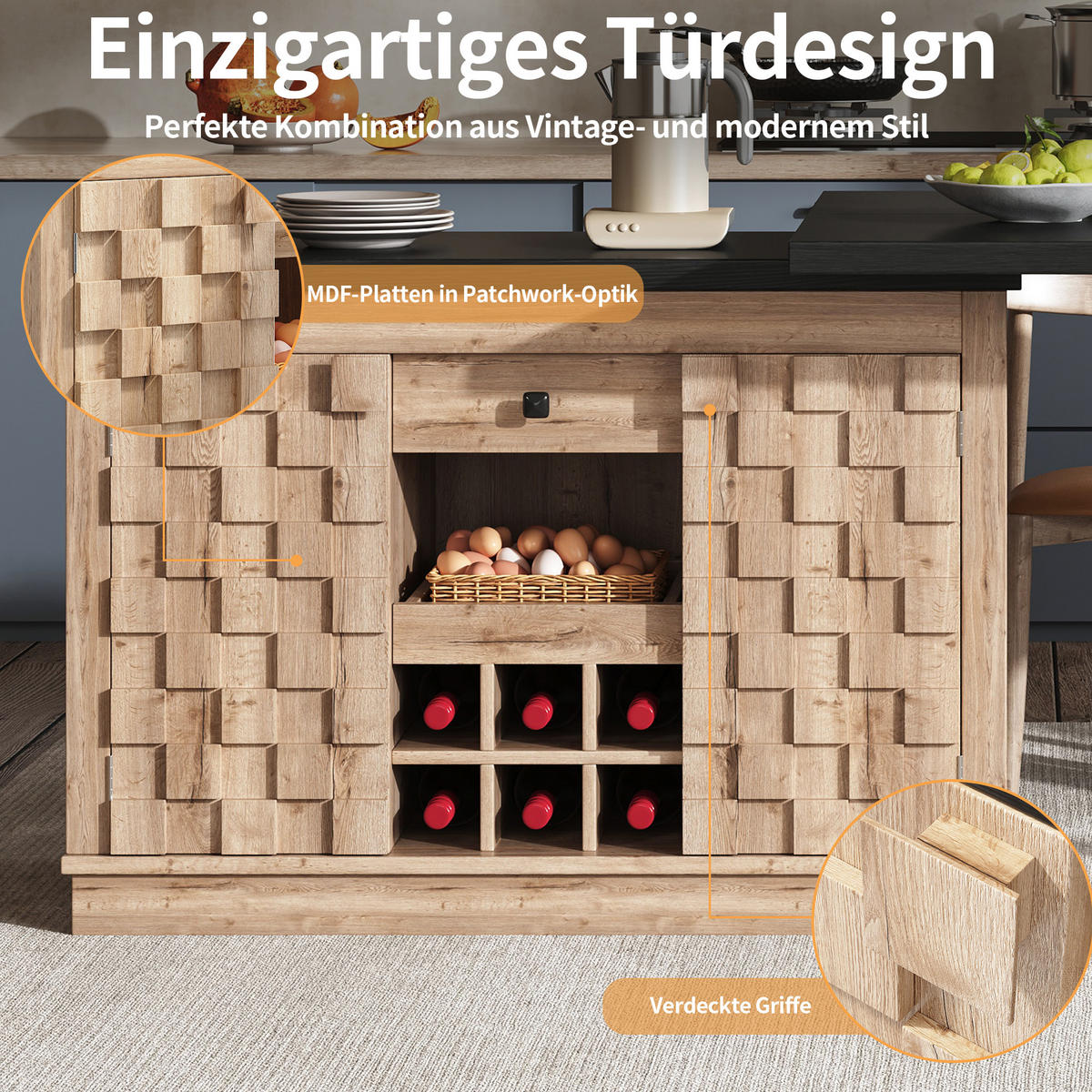 KÜCHENINSEL-ESSTISCH Naturfarben 120–197×40×74,2 cm mit 360° drehbarer Platte, Patchwork-Türen und Weinregal aus Holzwerkstoff - Naturfarben, Holzwerkstoff (120/74.2/40cm) - Luhomfu