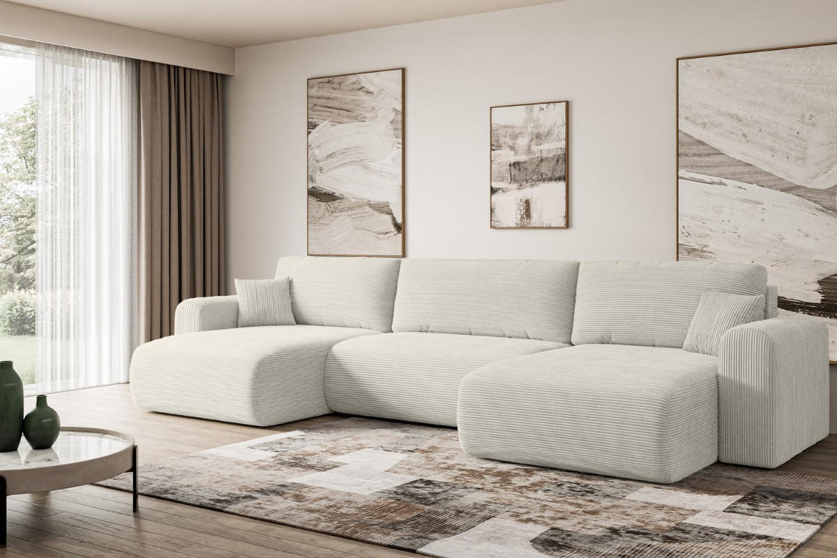 WOHNLANDSCHAFT mit Schlaffunktion und Bettkasten ORRO-U - 362x145x83 cm Creme Cord - Hellgrau/Creme, Holzwerkstoff/Kunststoff (362/83/145cm) - ALTDECOR