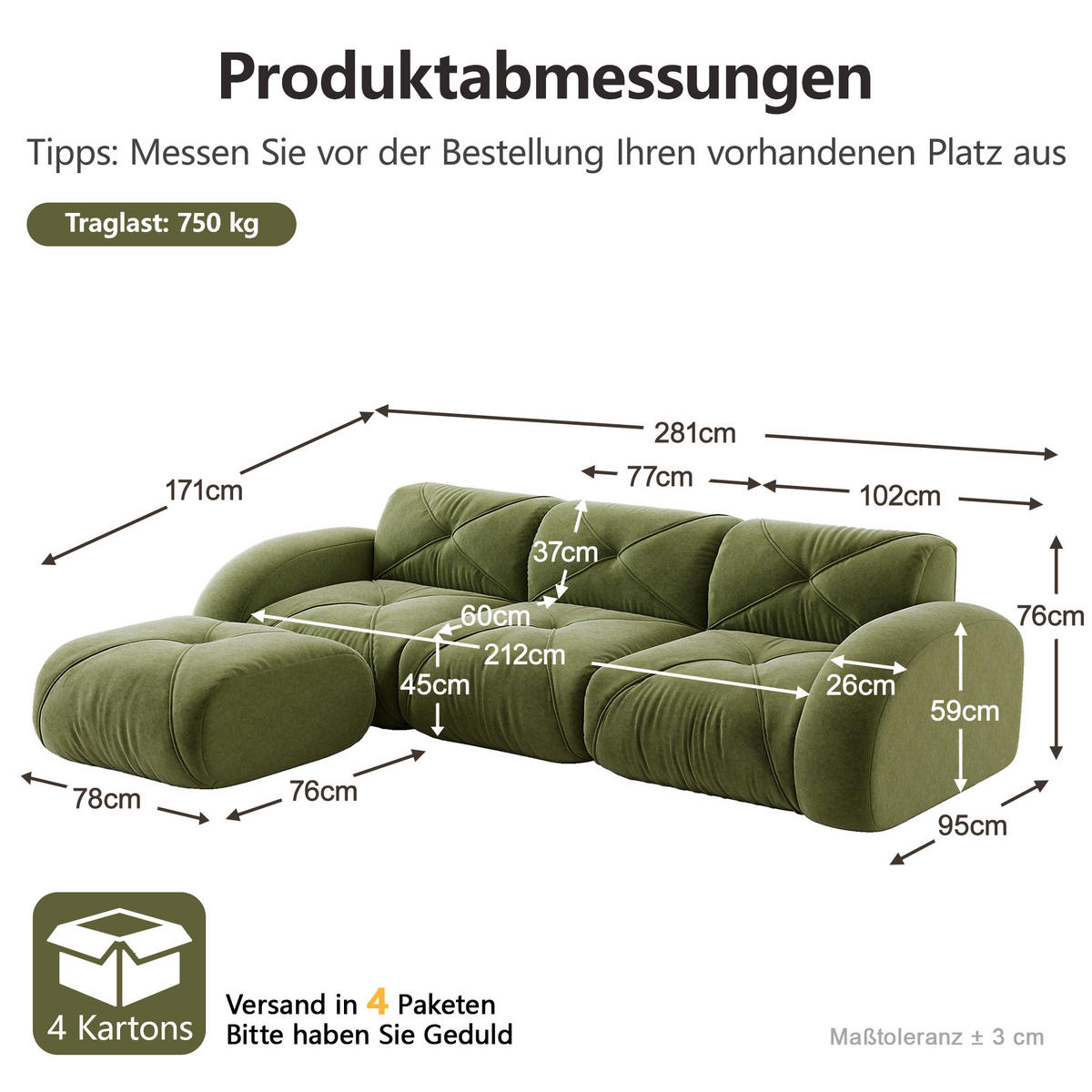 ECKSOFA 281/171/76 cm Grün Chenille mit 1 Fußhocker, rutschfeste Unterseite - Grün, Textil (281/171cm) - Oxeza