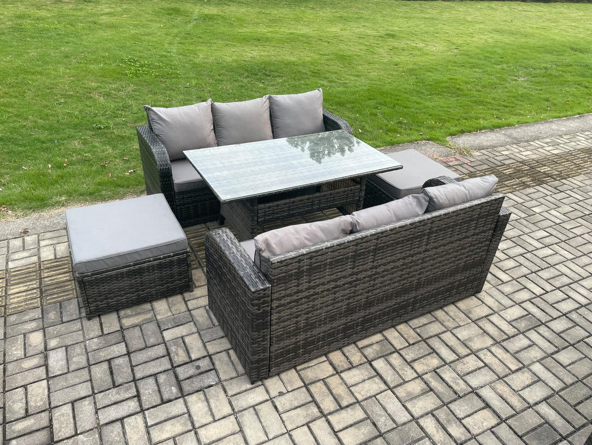 GARTENTISCHGRUPPE mit Beistelltisch,2 Hockern Polyrattan Dunkelgrau 8-Sitzer - Dunkelgrau/Grau, Glas/Kunststoff - Fimous