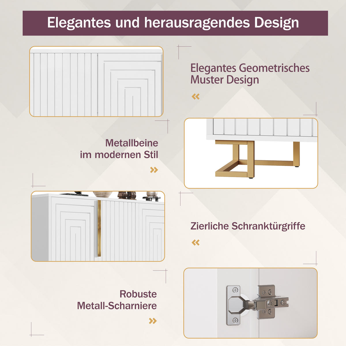 SIDEBOARD Weiß 152cm Geometrisches Design Gold Griffe Füße - Weiß, Holzwerkstoff (152/75/40cm) - FLIEKS
