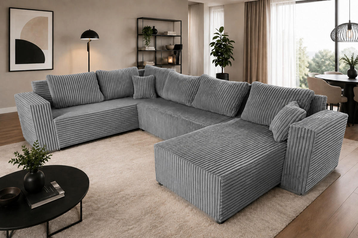WOHNLANDSCHAFT Stylo U-Form mit Schlaffunktion & Bettkasten – Ecksofa in Cord Tilia – Breite 315 cm Grau - Grau, Kunststoff (314/90/215cm) - Wohnideebilder