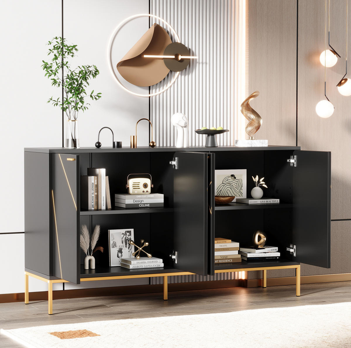SIDEBOARD 150/80/40 cm Schwarz aus Spanplatte und MDF mit verstellbarem Einlegeboden - Schwarz, Holzwerkstoff (40/80/150cm) - OKMYHOME