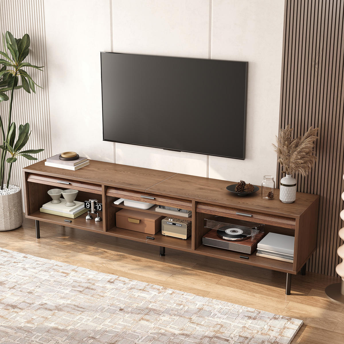 TV-SCHRANK 180/40/55 cm Walnussholzfarbe mit 3 aufschiebbare Türen - Nussbaumfarben/Schwarz, Holz/Holzwerkstoff (180/55/40cm) - Oxeza