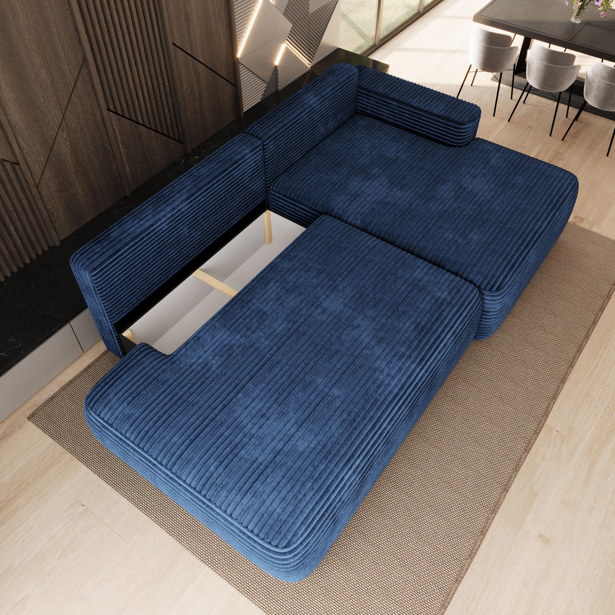 ECKSOFA AVINI T R-S Blau Kordstoff mit Schlaffunktion - Blau, Holzwerkstoff/Textil (277/160cm) - MASSENO