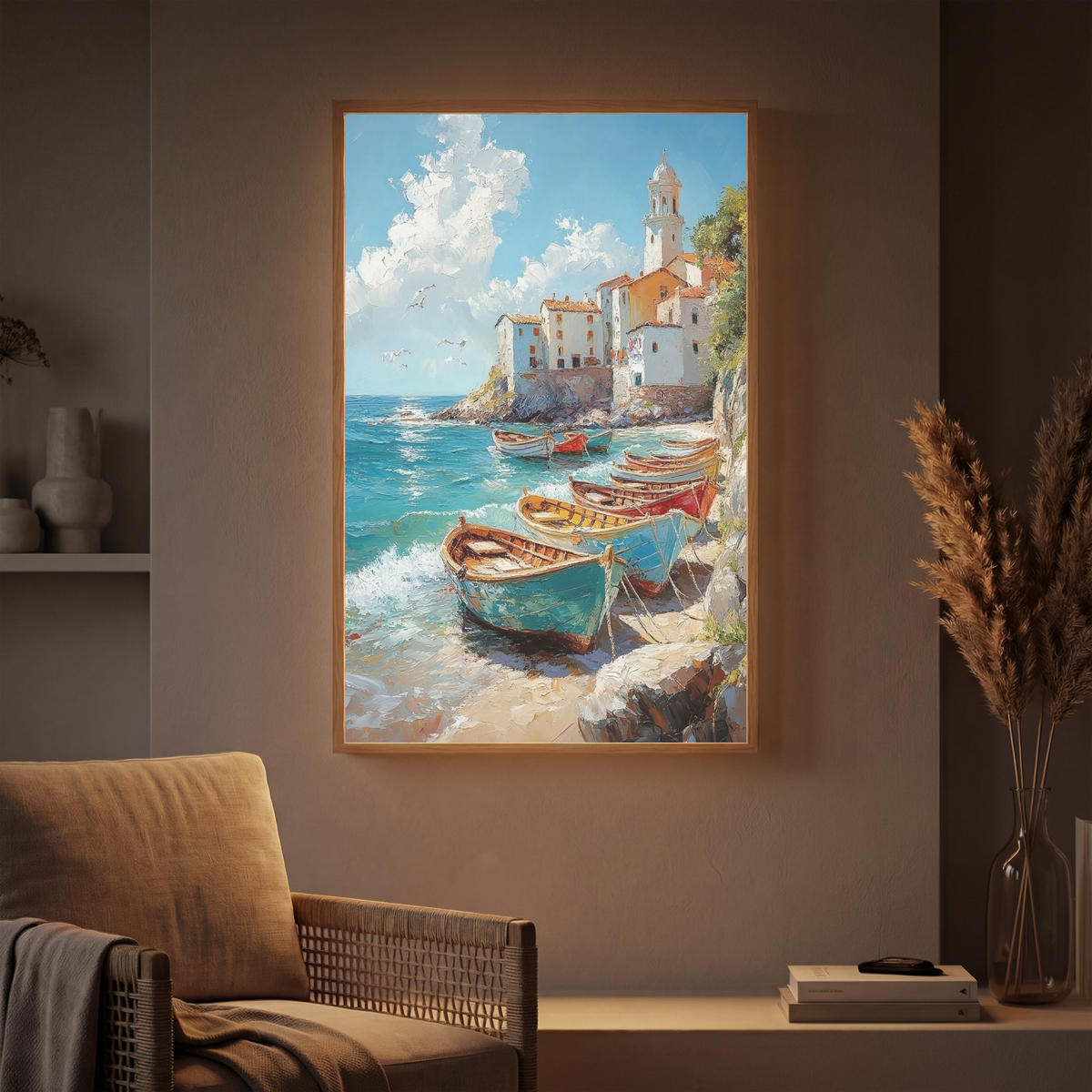 NÁSTĚNNÁ LAMPA S AKUMULÁTOREM Lodě - skály - moře - slunce 60x90 cm - modrá, kompozitní dřevo (60/90/8cm) - OnlyWow
