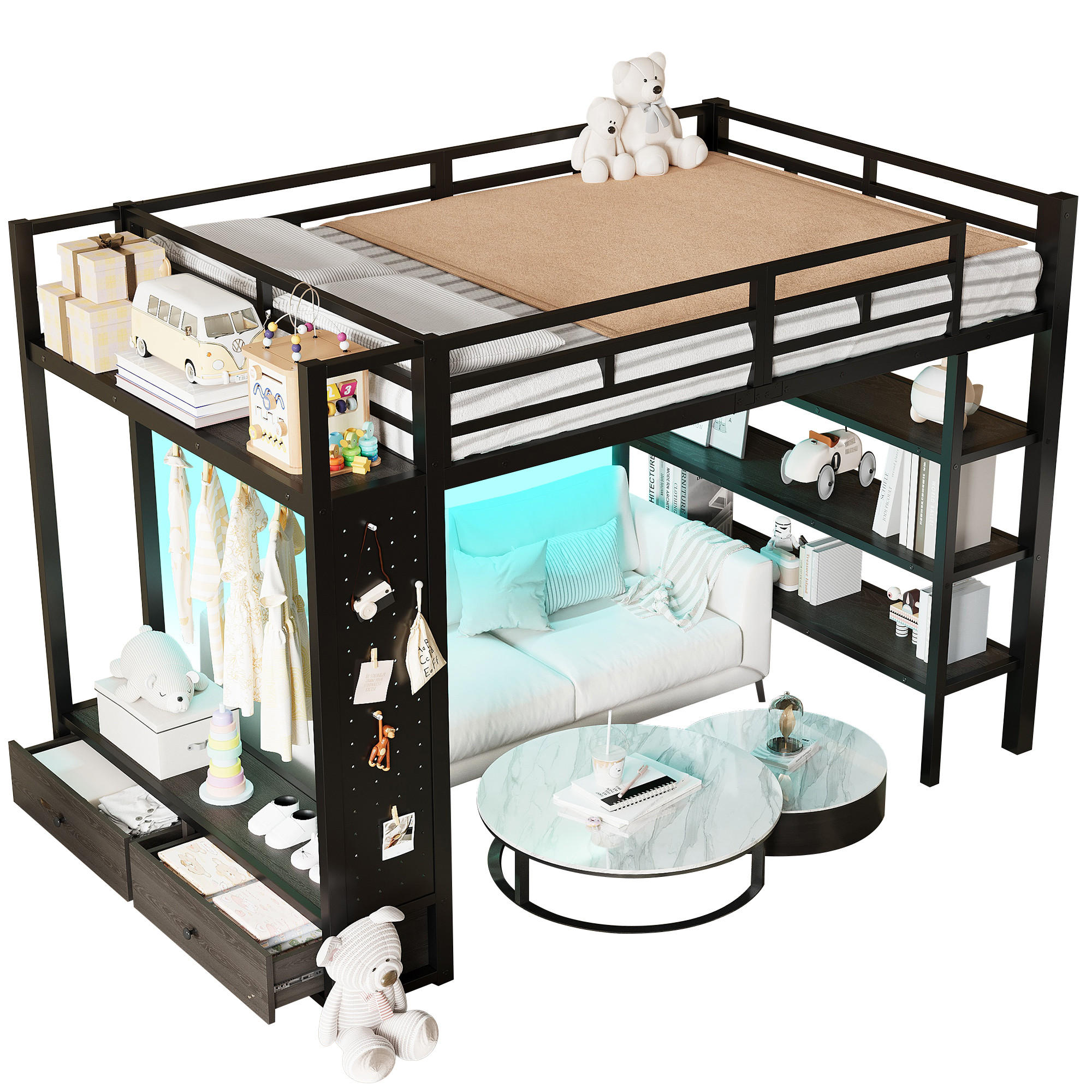 HOCHBETT 140/200 cm in Schwarz mit Kleiderschrank, Schubladen, Lochwand und LED - Schwarz, Holzwerkstoff/Metall (140/200cm) - STILVORA
