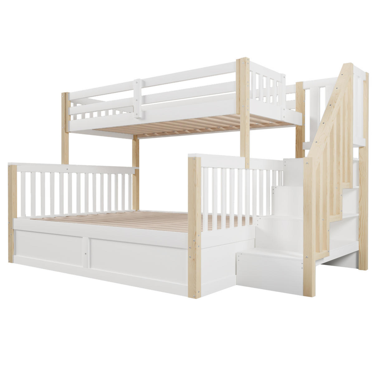 ETAGENBETT 90/200 + 140/200 cm aus Kiefer und MDF mit hydraulischem Stauraum und Treppe Weiß/Natur - Weiß, Holz (90/200cm) - Modenvie