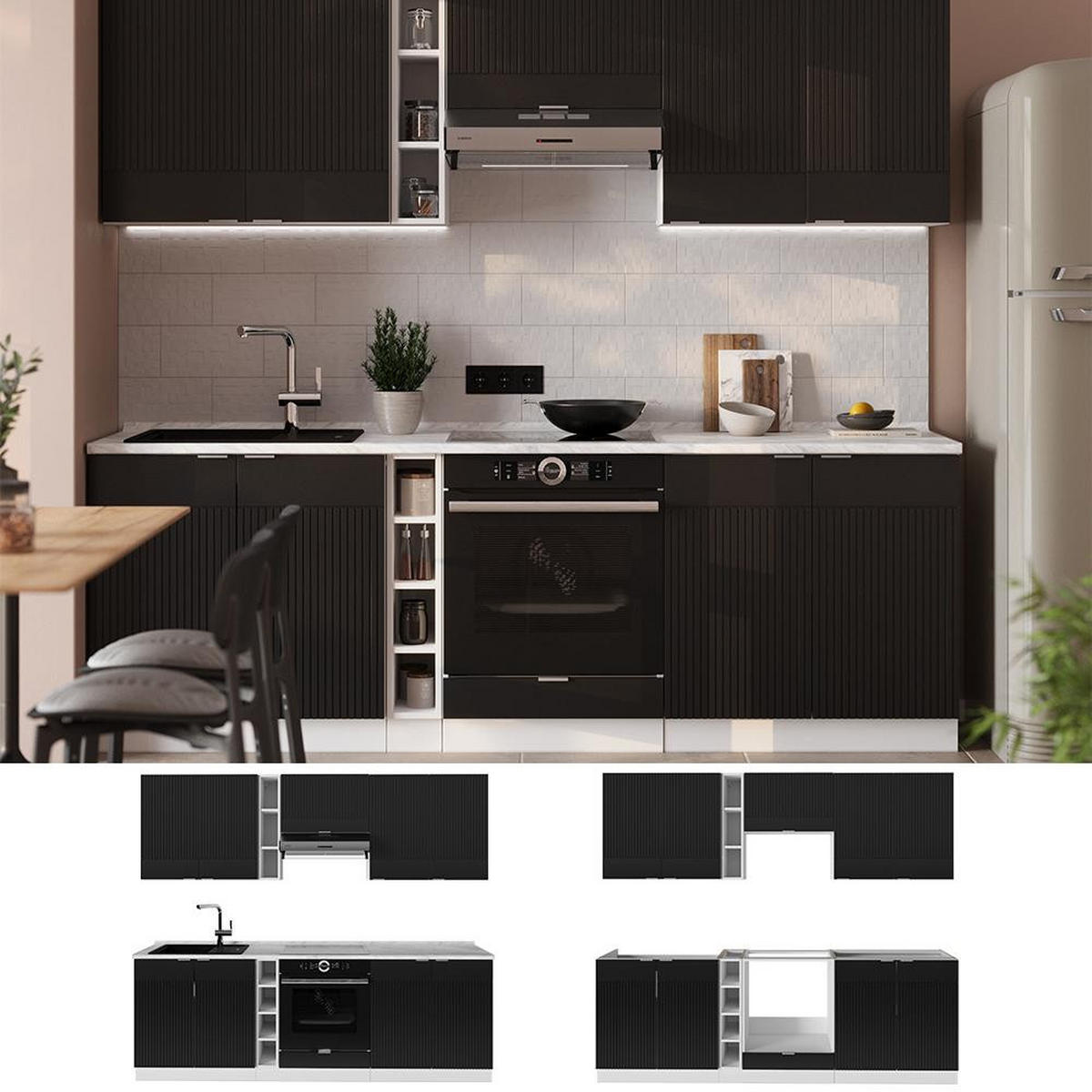 KITCHENETTE Fame-Line dungi negre/albe 235 cm , AP Marmură - alb/negru, compozit lemnos (235/206.8/60cm) - Vicco