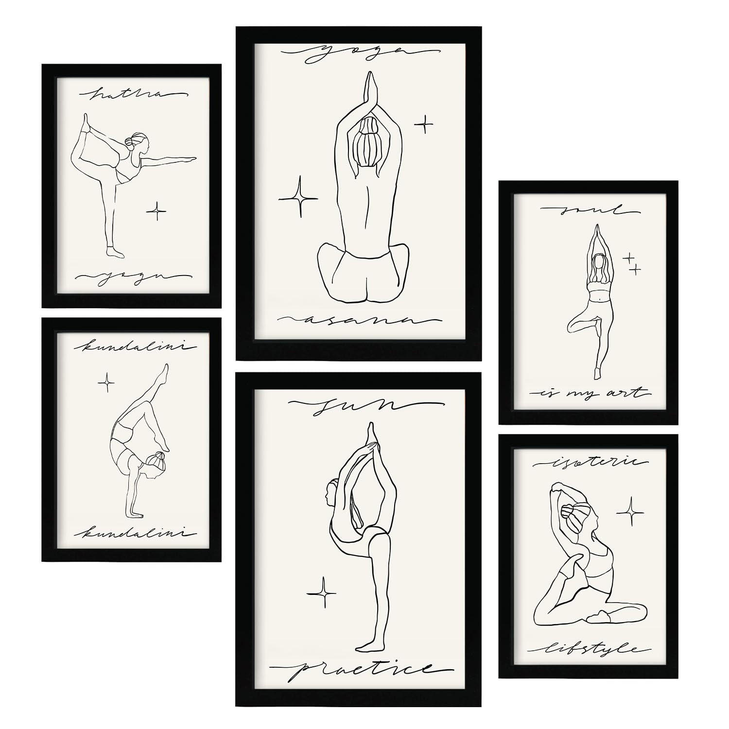 POSTER Set Mit 6 Yoga Musen 2 A3 & A4 Schwarzer Rahmen - Schwarz, Papier (29/3/42cm) - Nacnic
