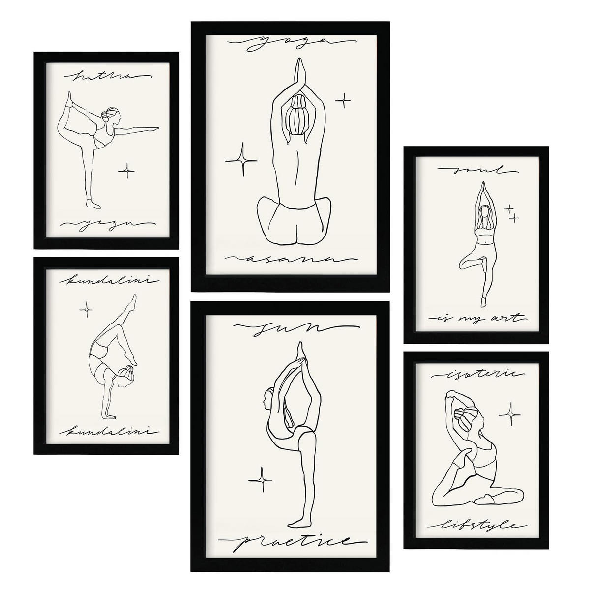 POSTER Set Mit 6 Yoga Musen 2 A3 & A4 Schwarzer Rahmen - Schwarz, Papier (29/3/42cm) - Nacnic