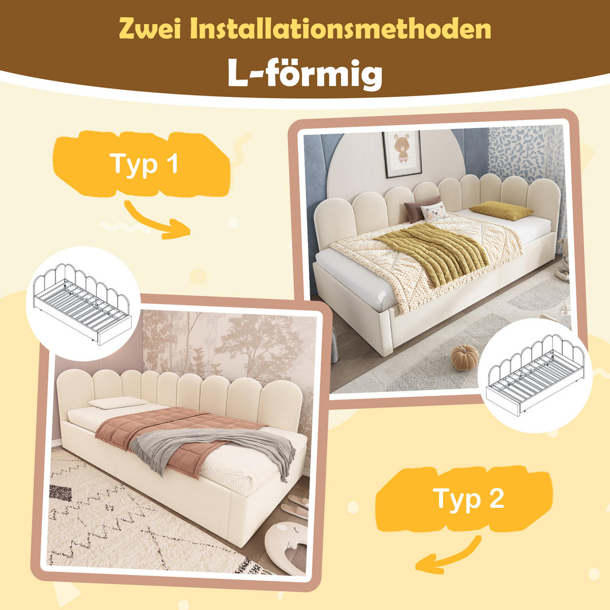 POLSTERBETT 90/200 cm mit Ausziehbett 90/190 cm, Gitter-Design und Samtbezug, Beige - Beige, Textil (90/200cm) - Redom