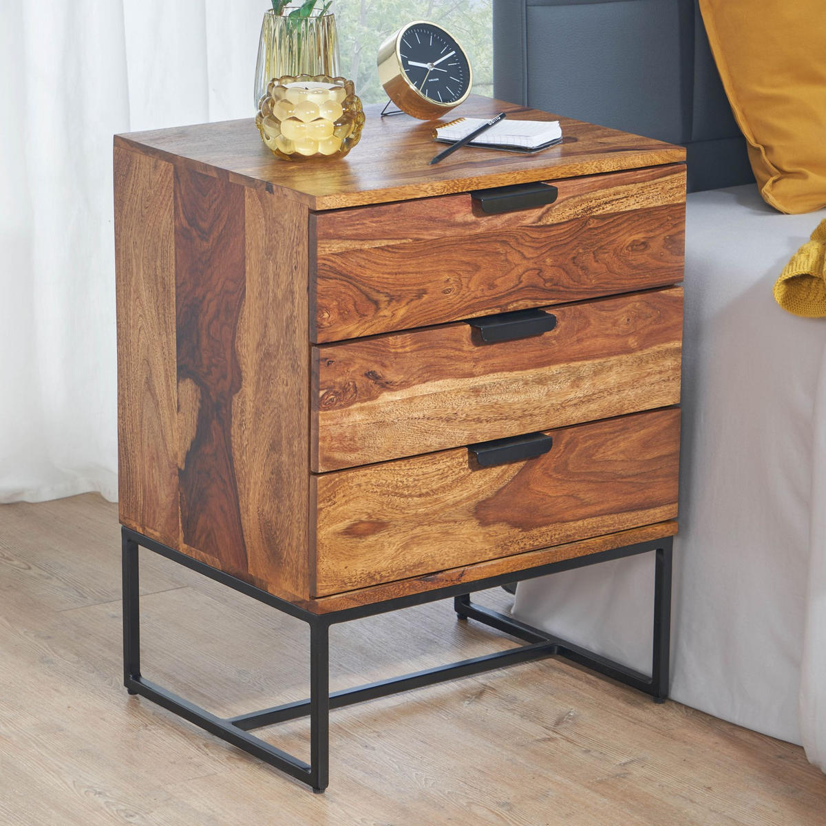 NACHTTISCH – Massivholz/Eisen, 50x40x65 cm, 3 Schubladen, Industrial-Stil - Schwarz/Braun, Holz/Metall (50/65/40cm) - KADIMA DESIGN