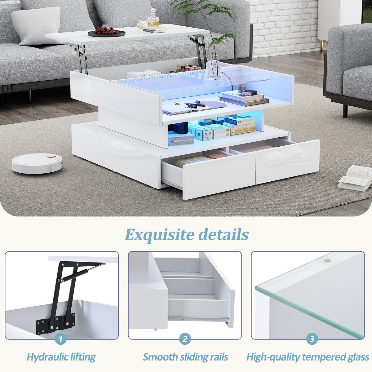 COUCHTISCH Weiß 80/80/45 cm mit Hubfunktion, LED, Glas-Element und Schubladen - Weiß, Holzwerkstoff (80/80/45cm) - PANGIVO