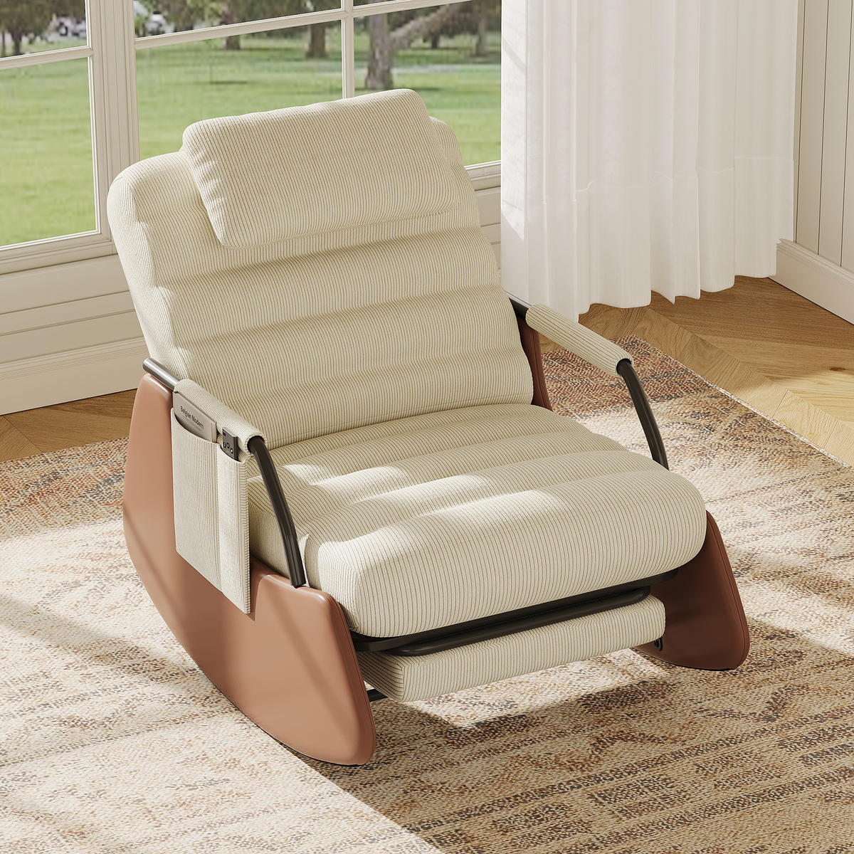SCHAUKELSESSEL BEIGE CORDSTOFF 3-stufig verstellbar mit Fußstütze & Kopfstütze - Beige, Holz (67/92/91.5cm) - SHOPENTRA