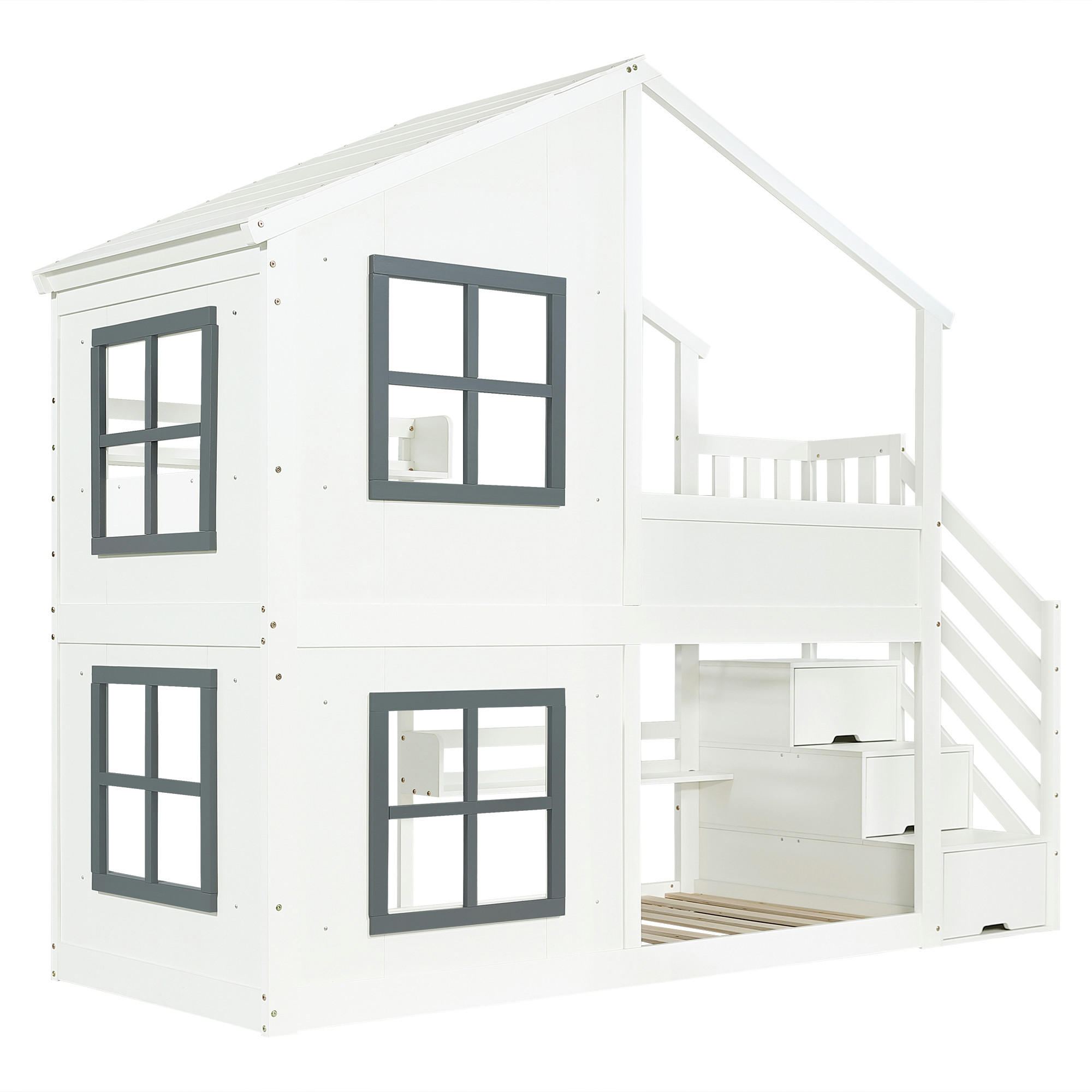 ETAGENBETT 90/200 cm DE-02361, in Weiß, mit Fenster, Dach und Treppenschrank - Weiß, Holz/Holzwerkstoff (90/200cm) - ComfortXL