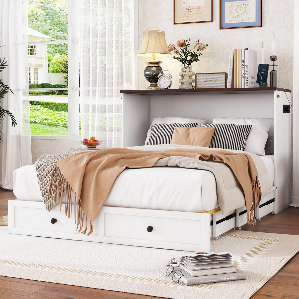 SCHRANKBETT 140x200cm Weiß mit Schubladen und Regal USB Steckdose - Weiß, Holz (140/200cm) - FLIEKS