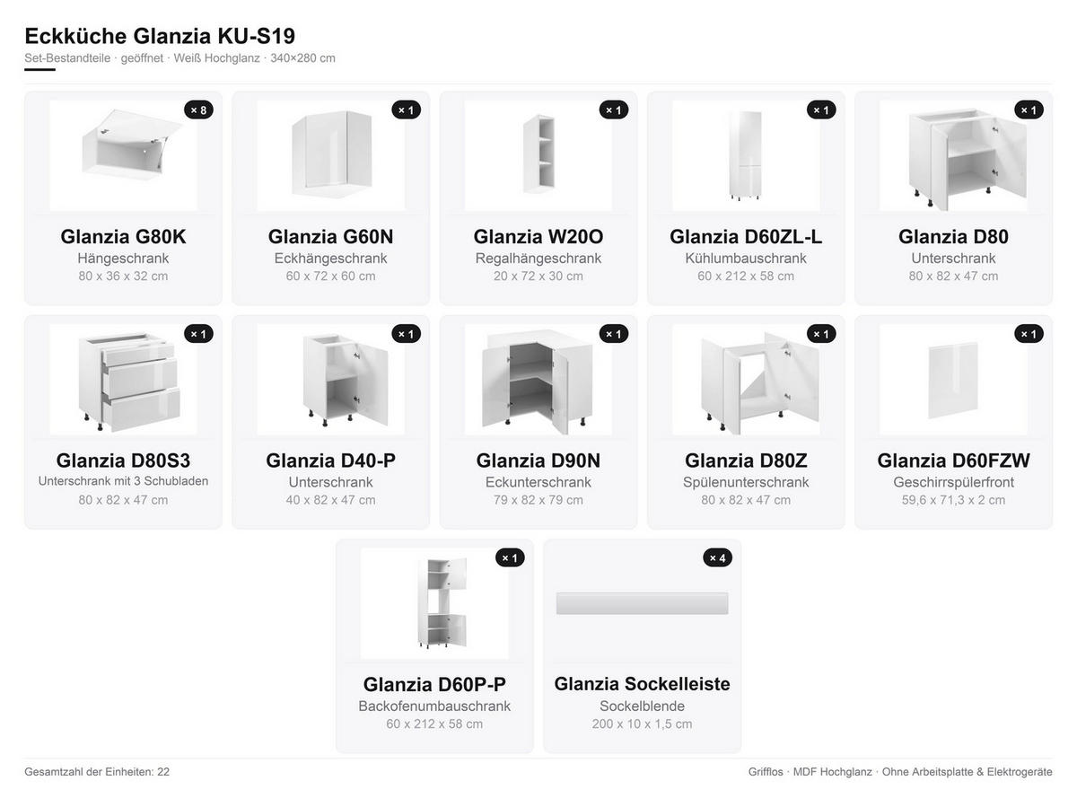 ECKKÜCHE - 340x280 cm Glanzia – KU-S19 – Weiß Hochglanz - Weiß Hochglanz, Holzwerkstoff (340/212/280cm) - hi-markt