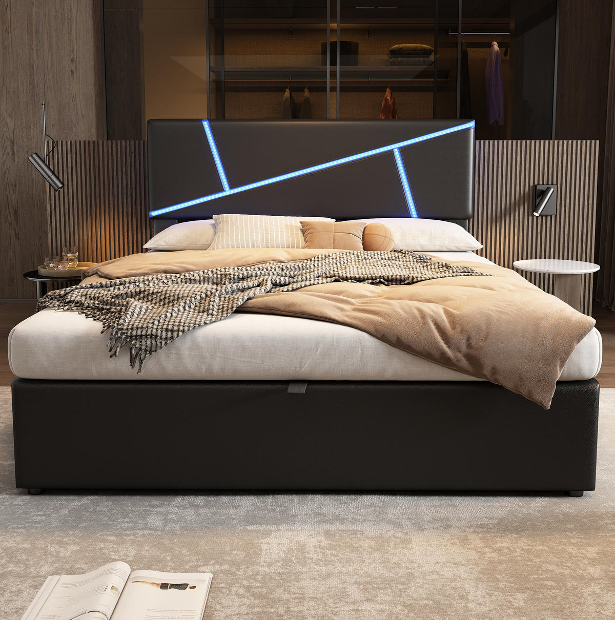 POLSTERBETT mit Stauraum und LED 90x200 cm PU Schwarz - Schwarz, Metall (90/200cm) - Meubliv