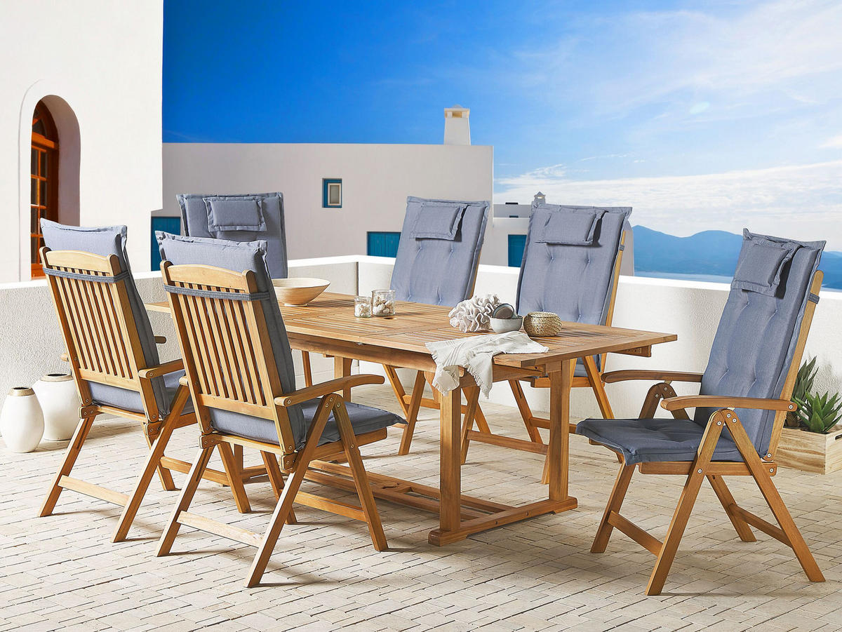 GARTENSTUHL 6er-Set Akazienholz hellbraun Auflagen blau Java - Hellbraun/Blau, Holz (54/105/69cm) - Beliani