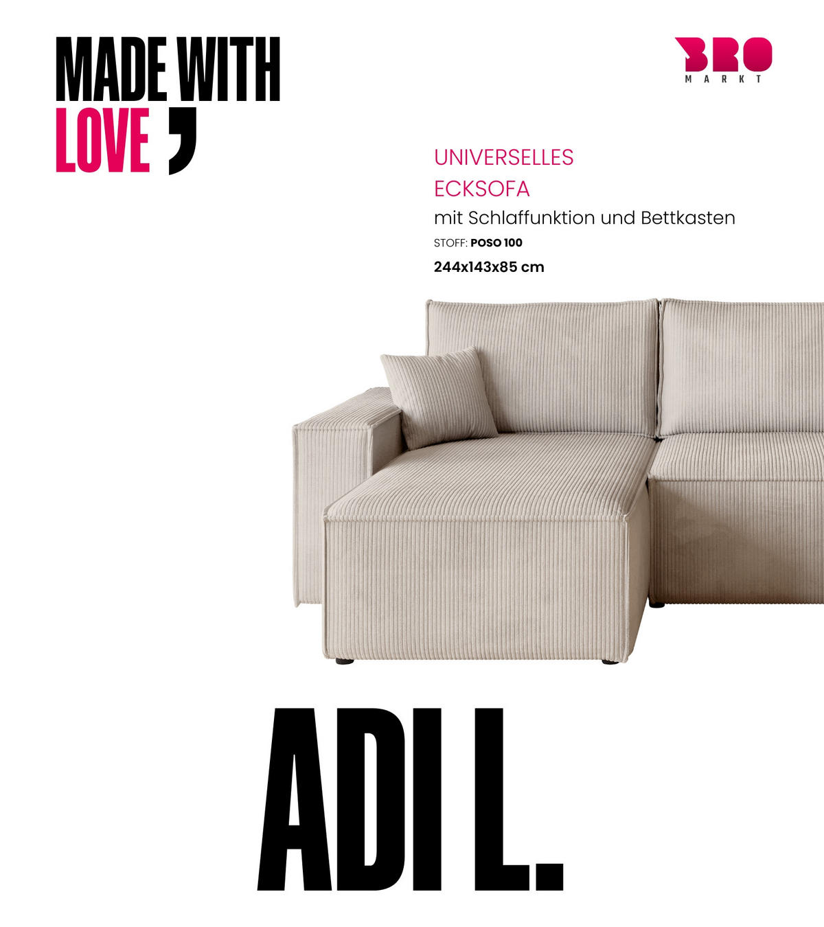 ECKSOFA ADI mit Schlaffunktion Vanille Cord - Creme, Textil (244/143cm) - Bromarkt