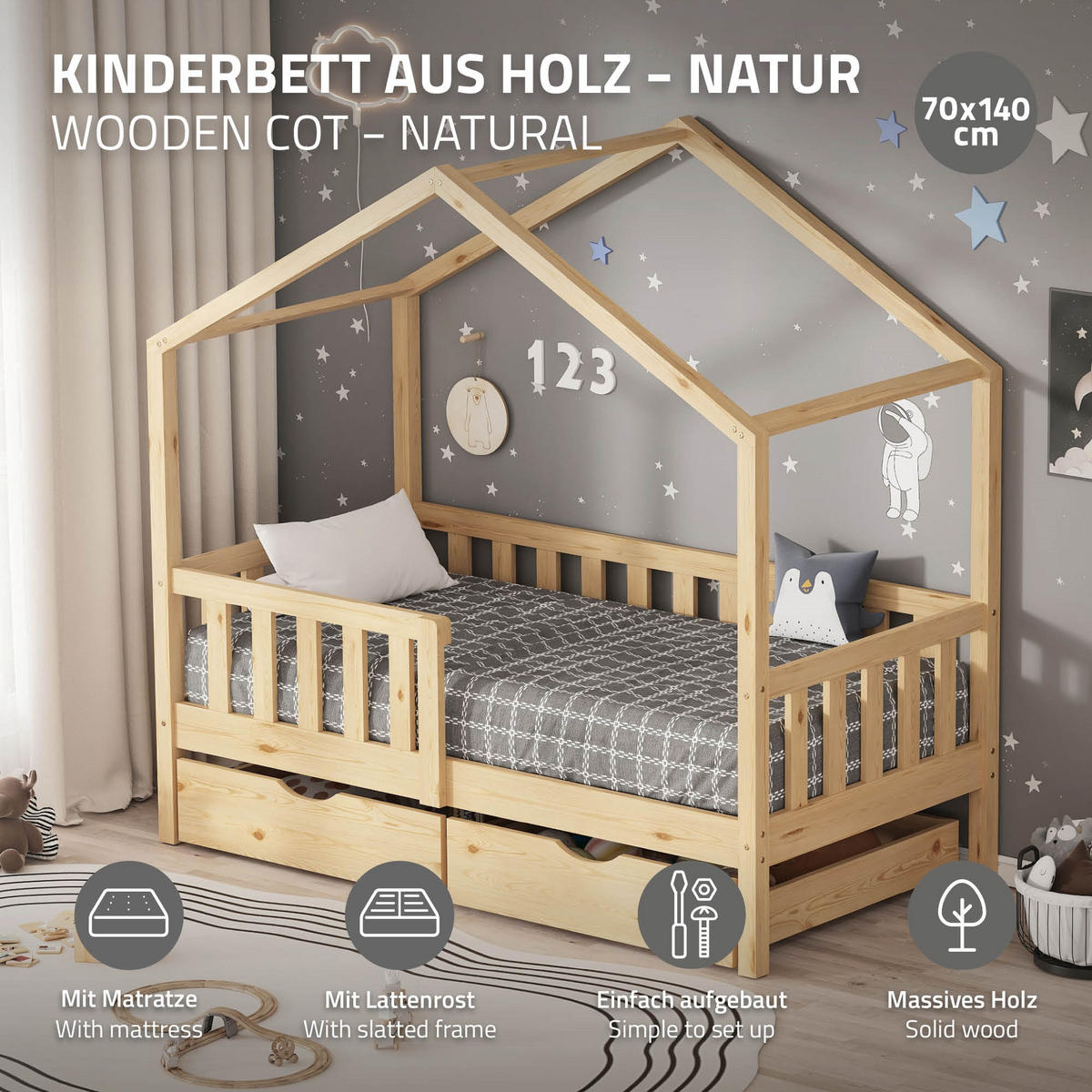 HAUSBETT mit Matratze 70x140 cm und 2 Schubladen Natur aus Kiefernholz - Beige, Holz (70/140cm) - ML-DESIGN