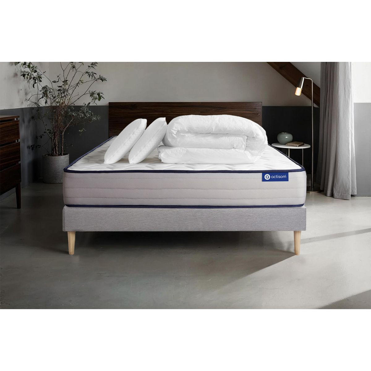 BETT Actiflex form Taschenfederkern und Memory-Schaum 140 x 190 cm h3 - Kit Bettgestell Grau - Mit Kissen und Bettdecke - Beige/Grau, Karton/Holz (140/190cm) - ACTISOM