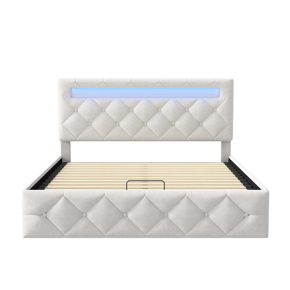 POLSTERBETT 160x200 cm - mit LED-Beleuchtung und hydraulischem Bettkasten - ohne Matratze - Samt - Creme, Textil (160/200cm) - DELFA
