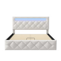 POLSTERBETT 160x200 cm - mit LED-Beleuchtung und hydraulischem Bettkasten - ohne Matratze - Samt - Creme, Textil (160/200cm) - DELFA