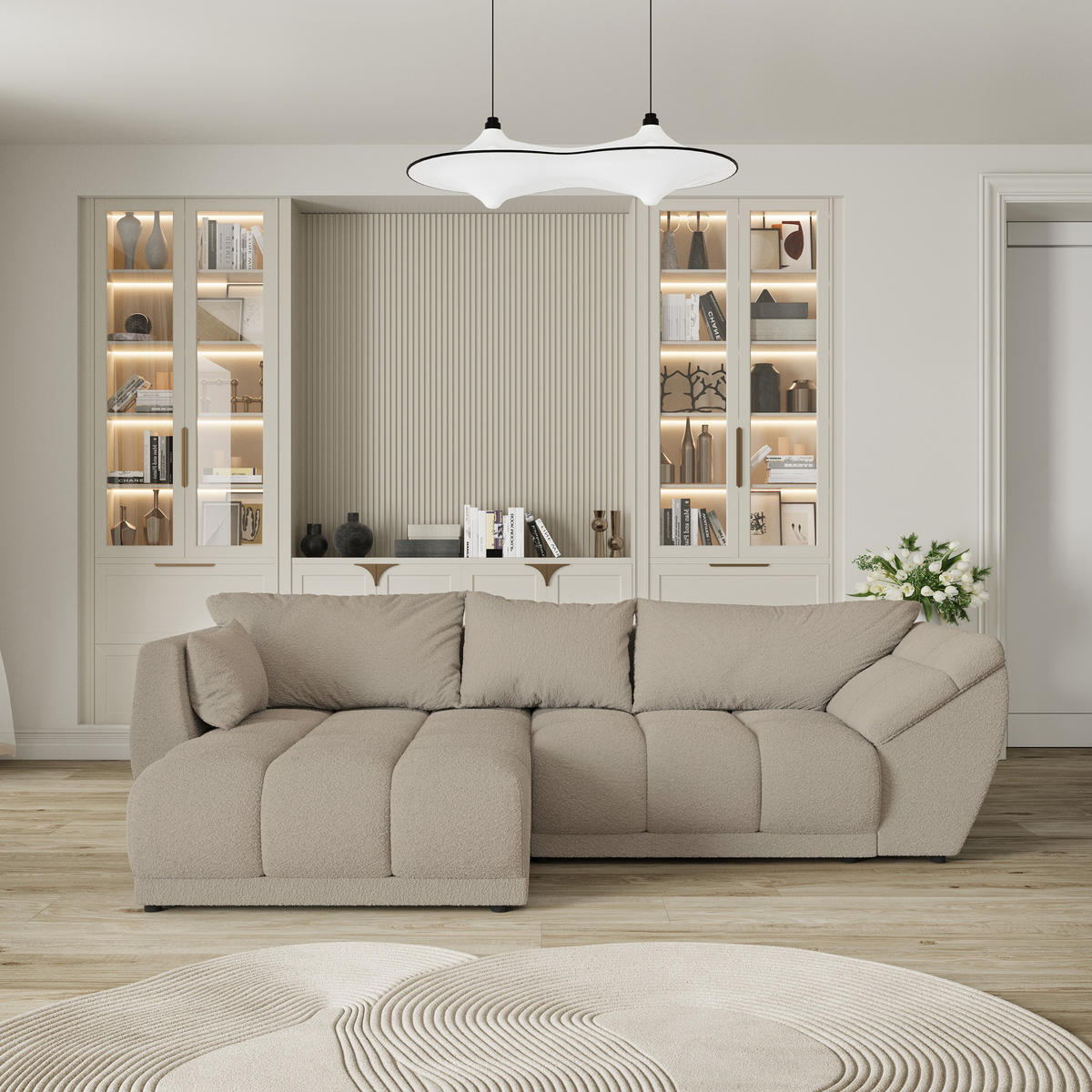 ECKSOFA ORENTI L-S Beige Boucle-Stoff mit Schlaffunktion - Beige, Holz (287/182cm) - MASSENO