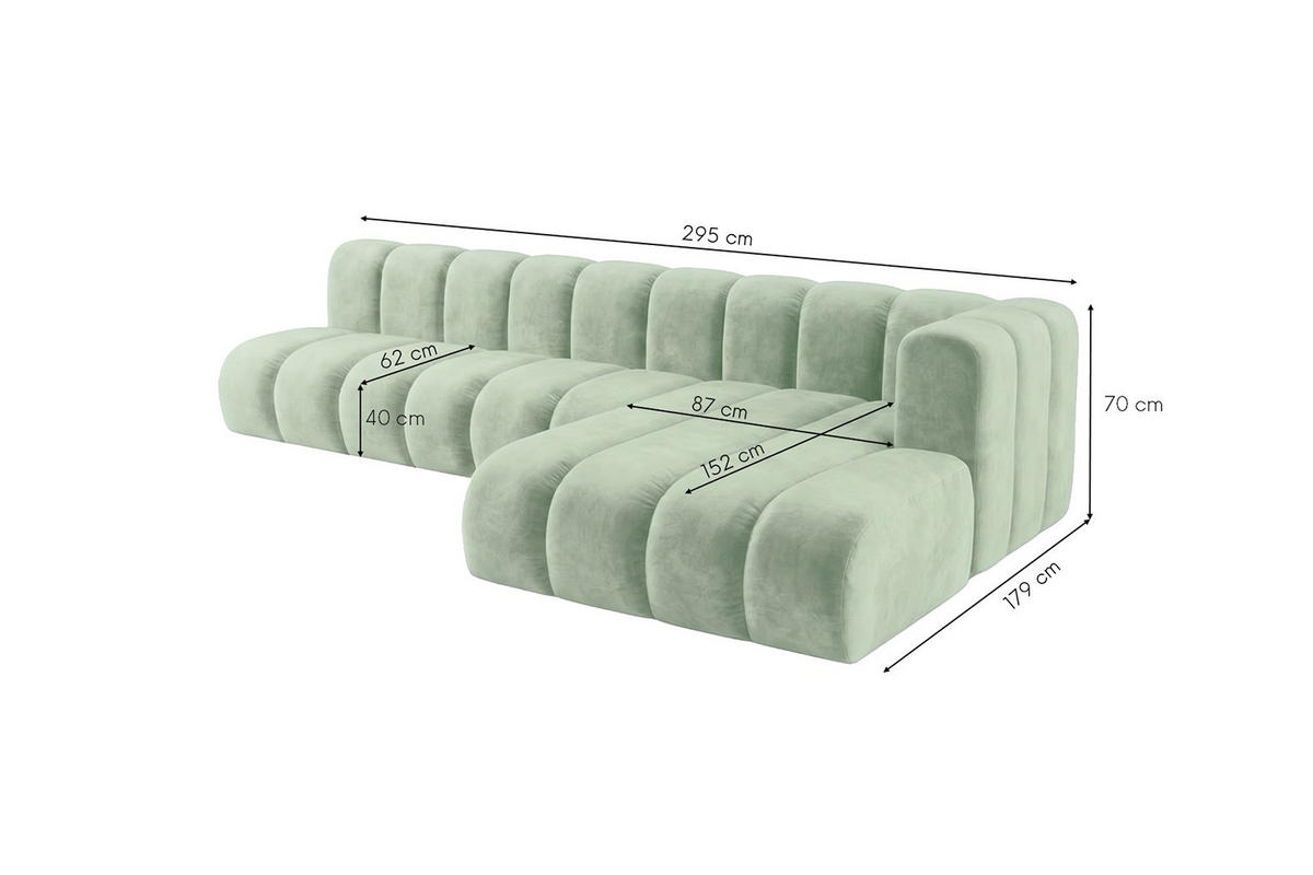 ECKSOFA Modulares In L-Form, Velvet-Stoff Riviera, Mintz, Rechts, GRAND 295 cm - Mintgrün, Holz (295/179cm) - Kaiser Möbel