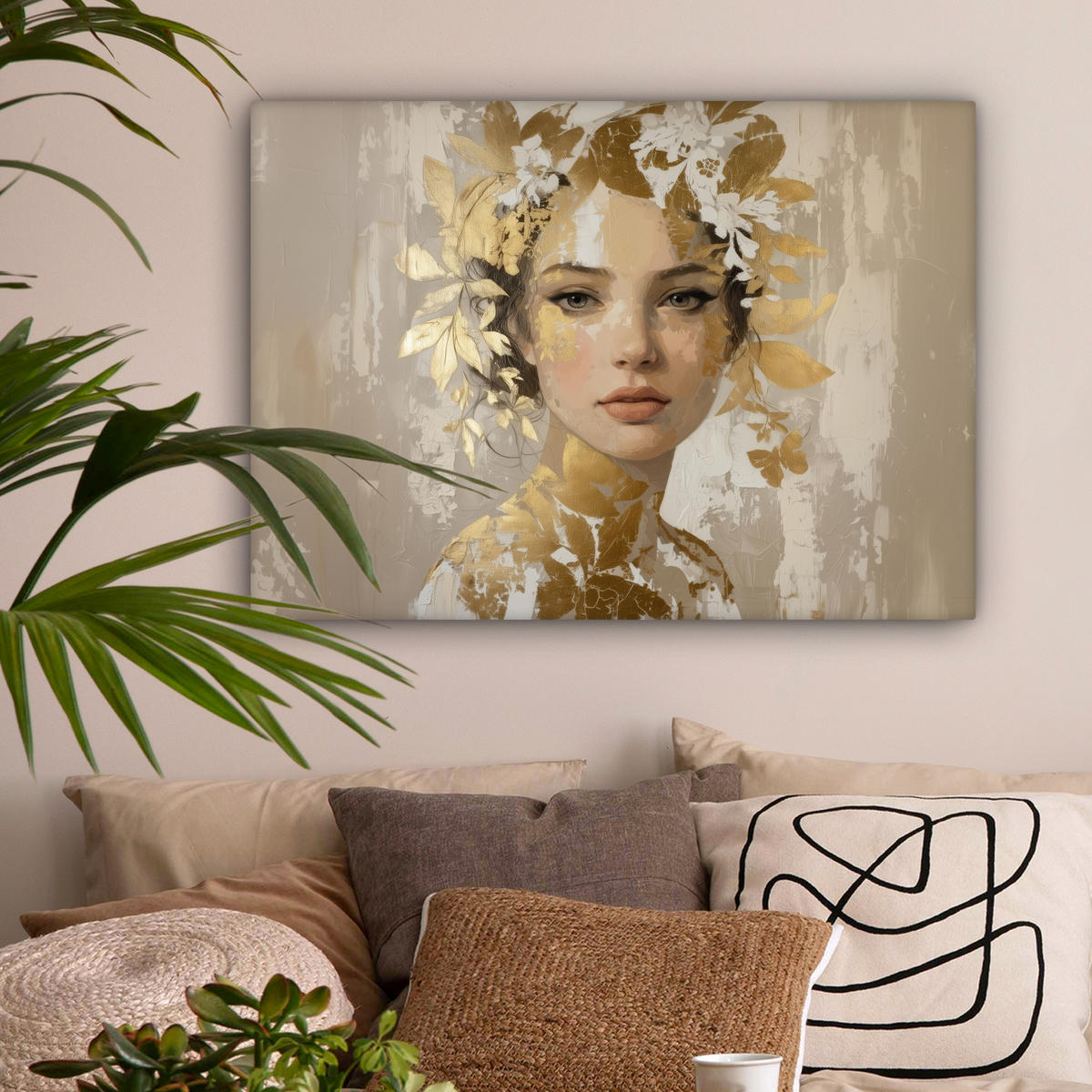 LEINWANDBILD Gesicht - Frau - Blätter - Gold Wandbilder 80x60 cm - Beige, Textil (80/60cm) - MuchoWow