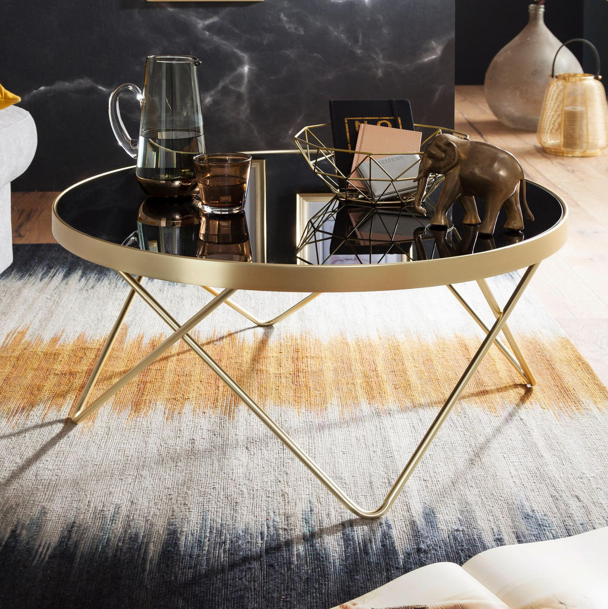 BEISTELLTISCH Schwarz Glasplatte Goldene Beine Retro-Stil 82cm Durchmesser - Goldfarben/Schwarz, Glas/Metall (82/82/39cm) - KADIMA DESIGN