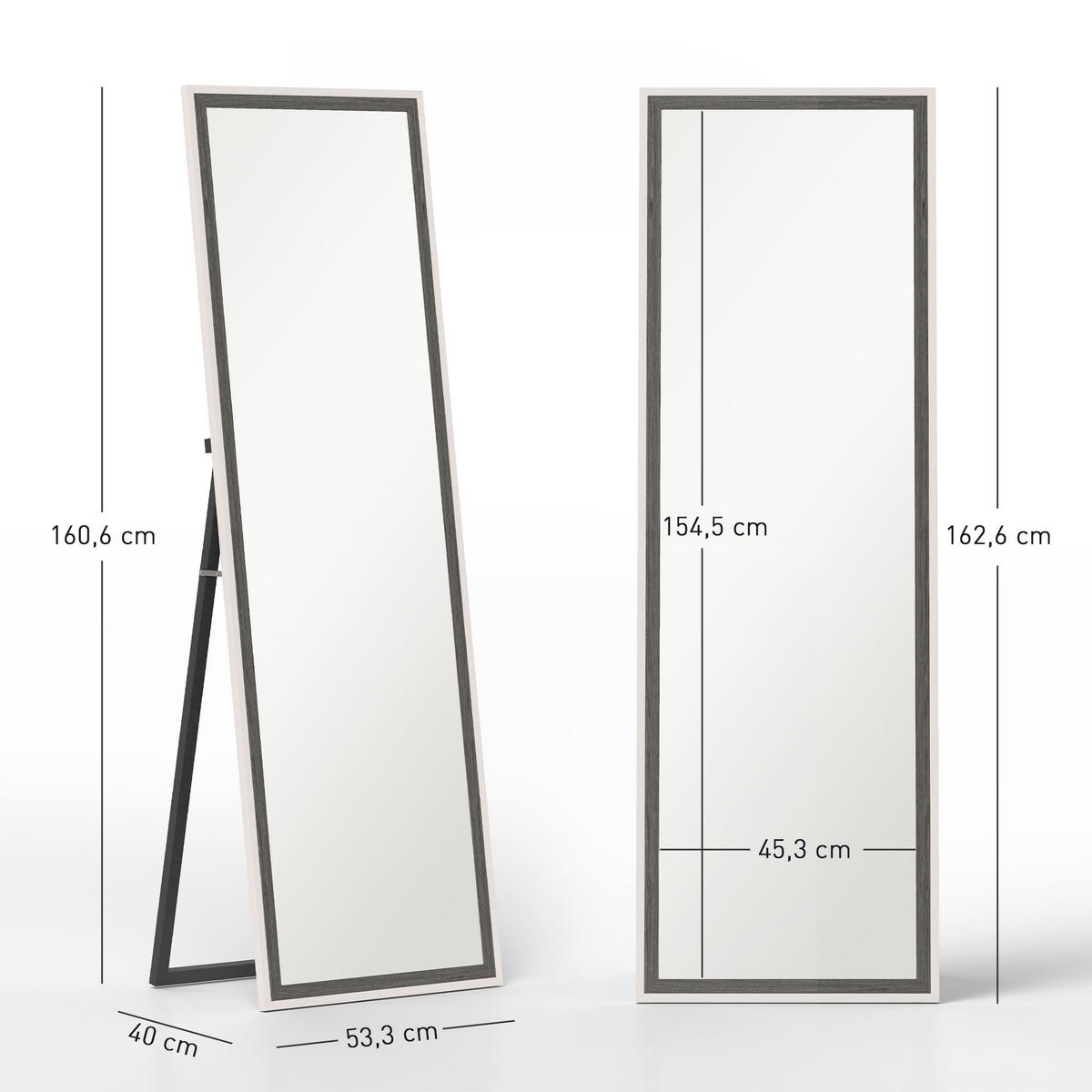 GANZKÖRPERSPIEGEL, 162,6 x 53,5 cm Standspiegel mit Ständer, Grau+Weiß - Weiß/Grau, Glas (53.3/162.6/2.5cm) - HOMCOM