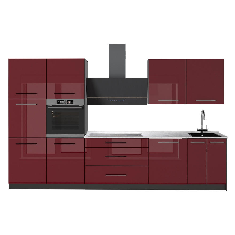 KÜCHENZEILE Fame-Line, Bordeaux Hochglanz/Anthrazit, 340 cm, AP Marmor - Bordeaux/Anthrazit, Holzwerkstoff (340/206.8/60cm) - Vicco