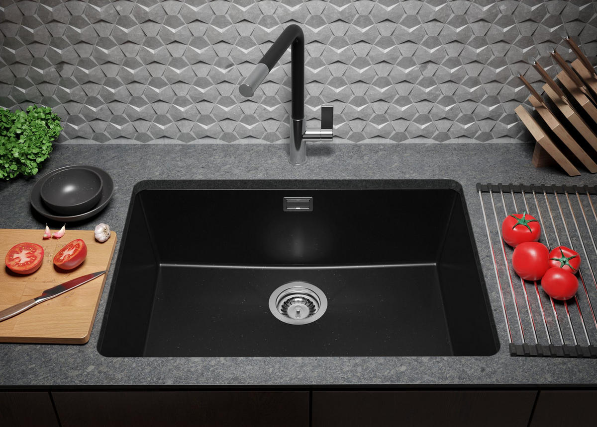 UNTERBAUSPÜLE GRANIT London, 2-er set Schwarz Metallic 66/47 cm 1 Becken + Ablauf-Set ab 70er Unterschrank - Chromfarben/Schwarz Hochglanz, Kunststoff (66/20/47cm) - Primagran